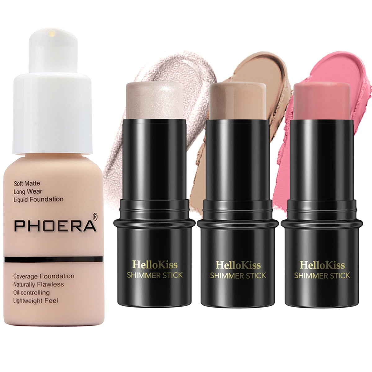 Phoera 3 Pcs Contour Makeup Kit - Highlighter, Blush & Bronzer Sticks For Natural Finish