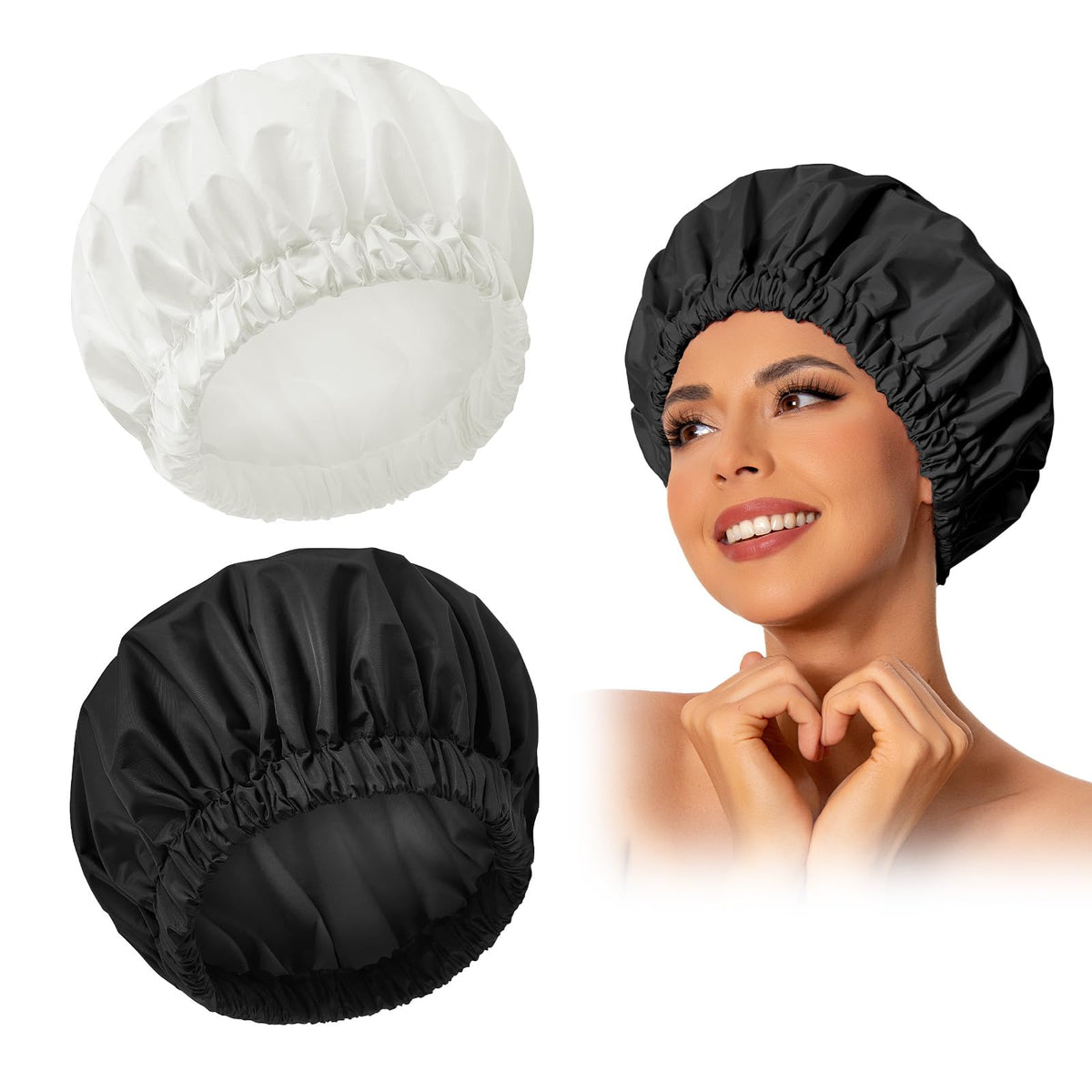 Edoneery Reusable Shower Cap For Women - Large Waterproof Elastic Bath Hair Hat (Black & White)