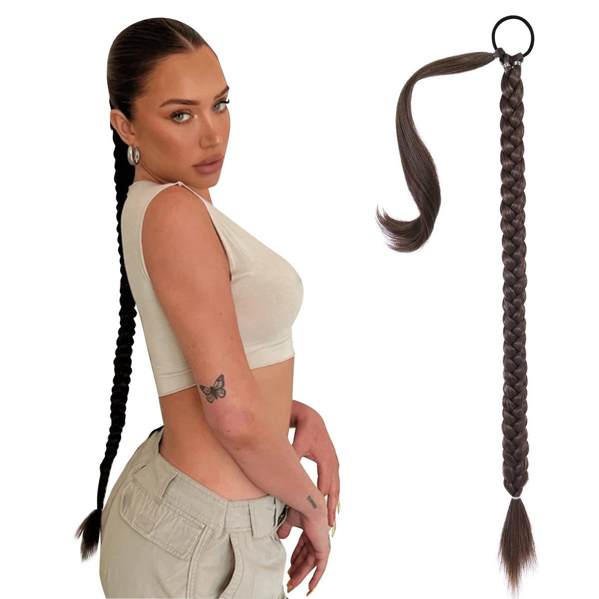 Seikea 34&quot; Long Braided Ponytail Extension - Dark Brown With Copper Highlights, Synthetic Hair Piece