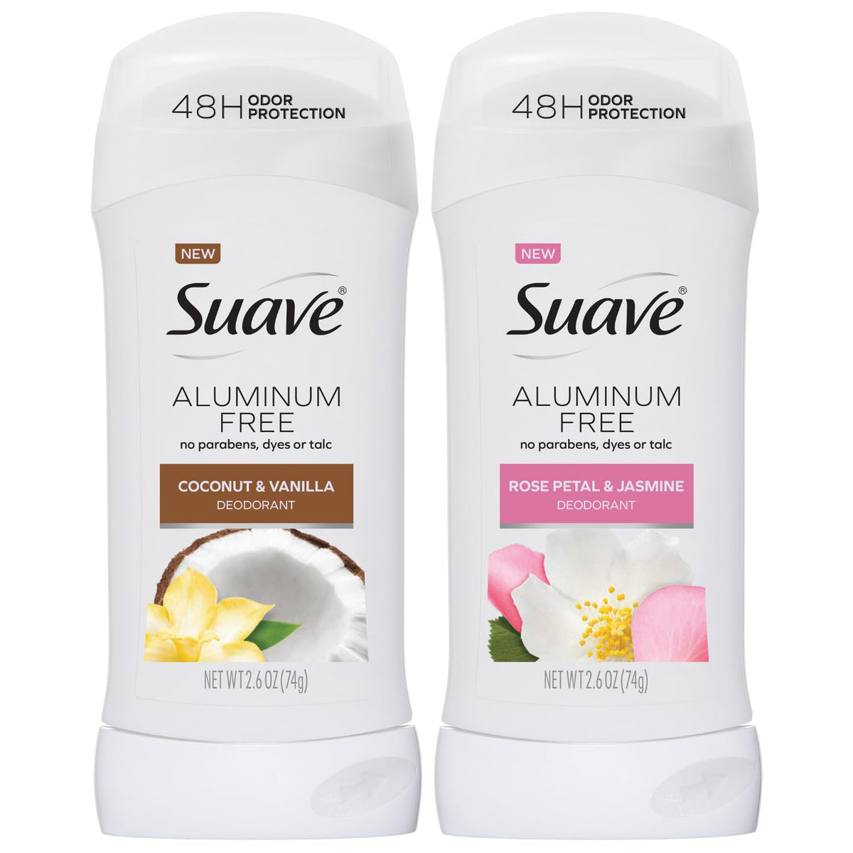 Suave Aluminum-Free Deodorant 2-Pack - Coconut & Vanilla + Rose Petal & Jasmine, 48H Protection