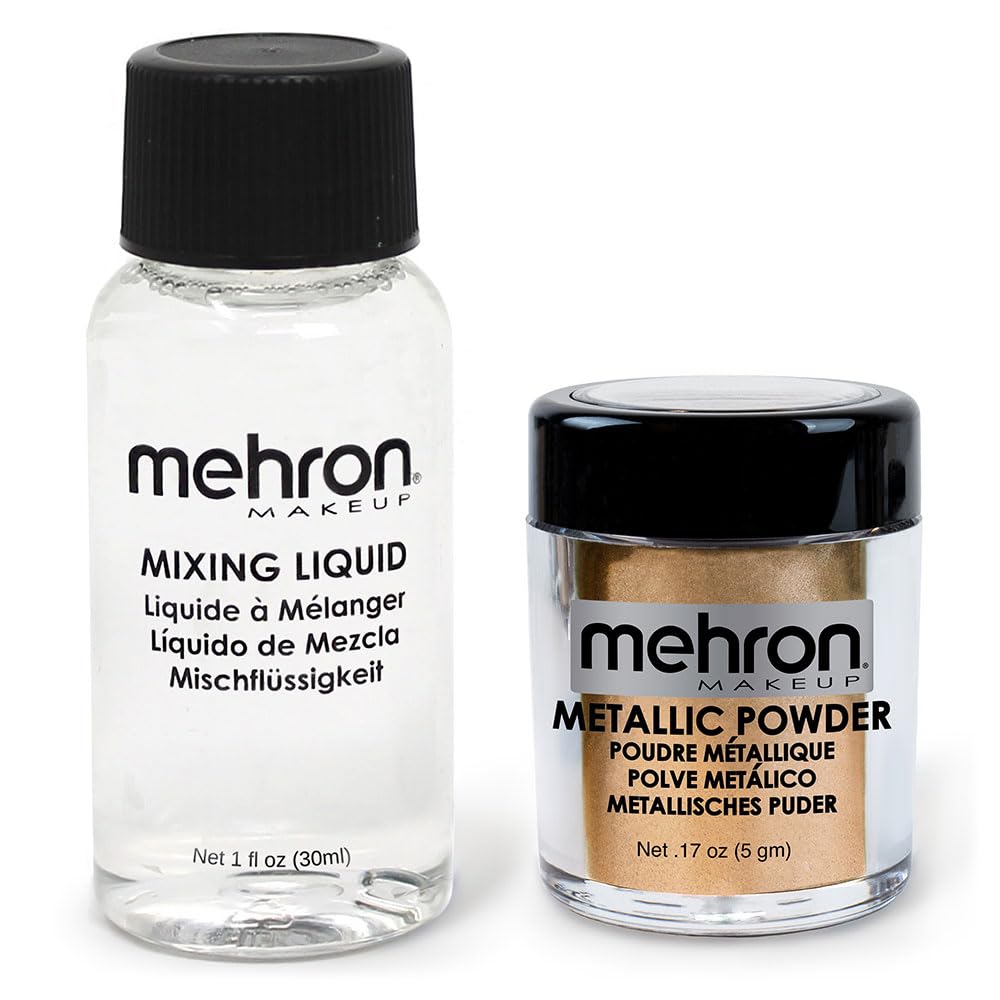 Mehron Makeup Metallic Powder & Mixing Liquid Set - Gold, 0.17 Oz + 1 Oz For Face & Body