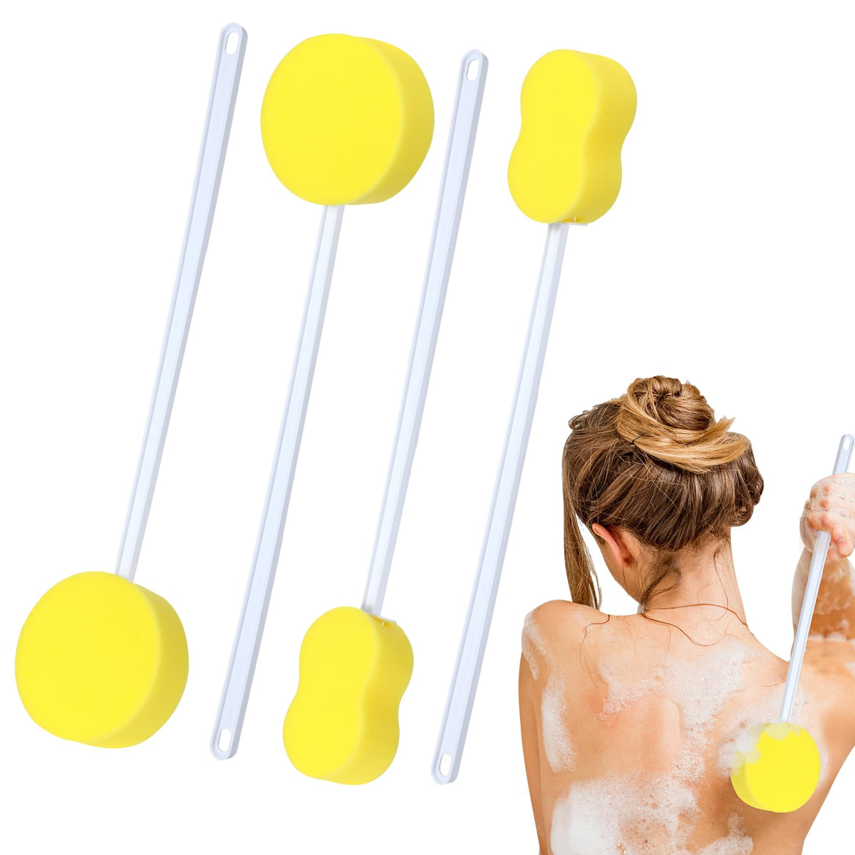 Uiifan 4 Pcs Long Handle Bath Sponge Set, Yellow Foam Back Washer For Foot & Body Cleaning