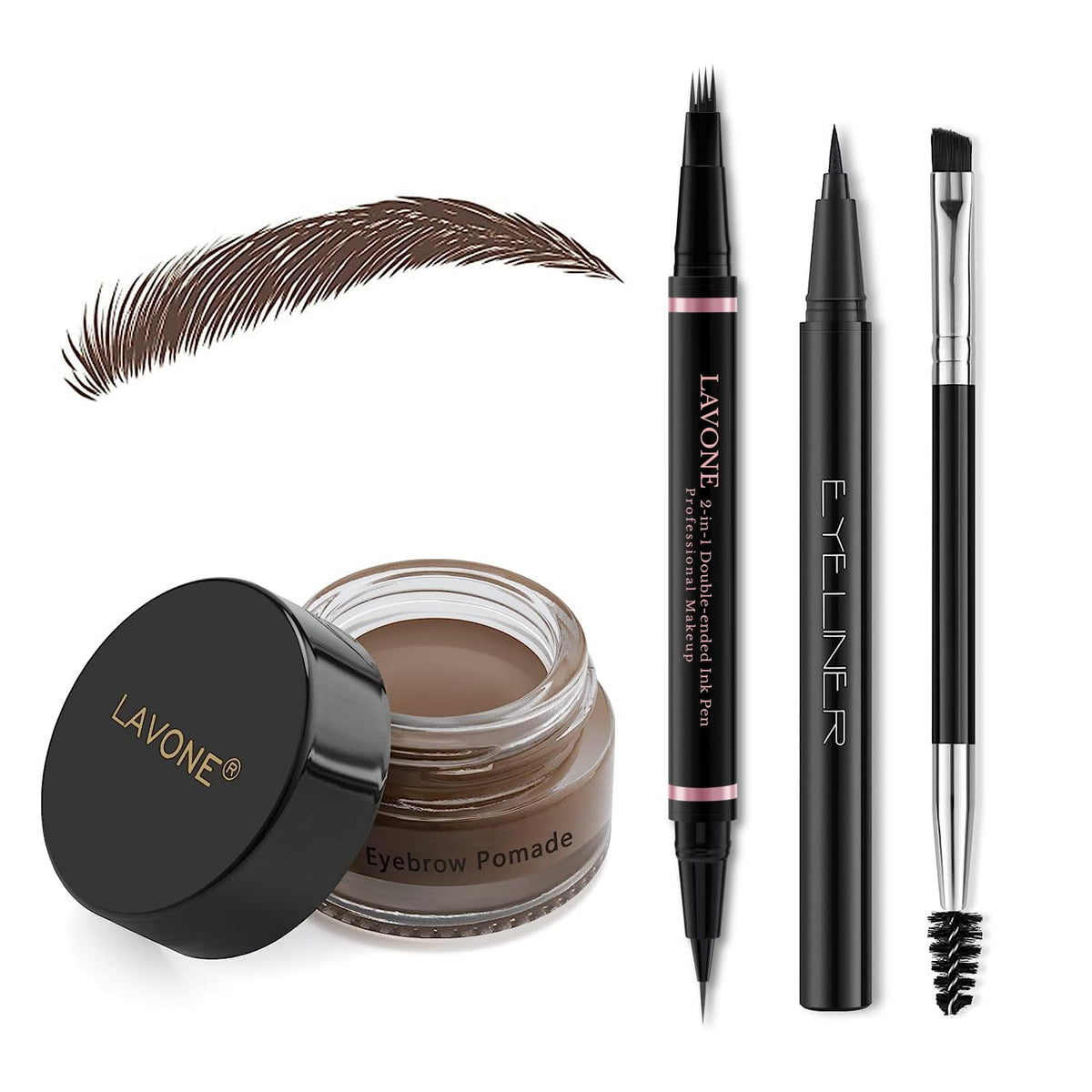 Lavone Dark Brown Eyebrow Pencil Makeup Kit - Waterproof 2-In-1 Pen, Pomade & Brush