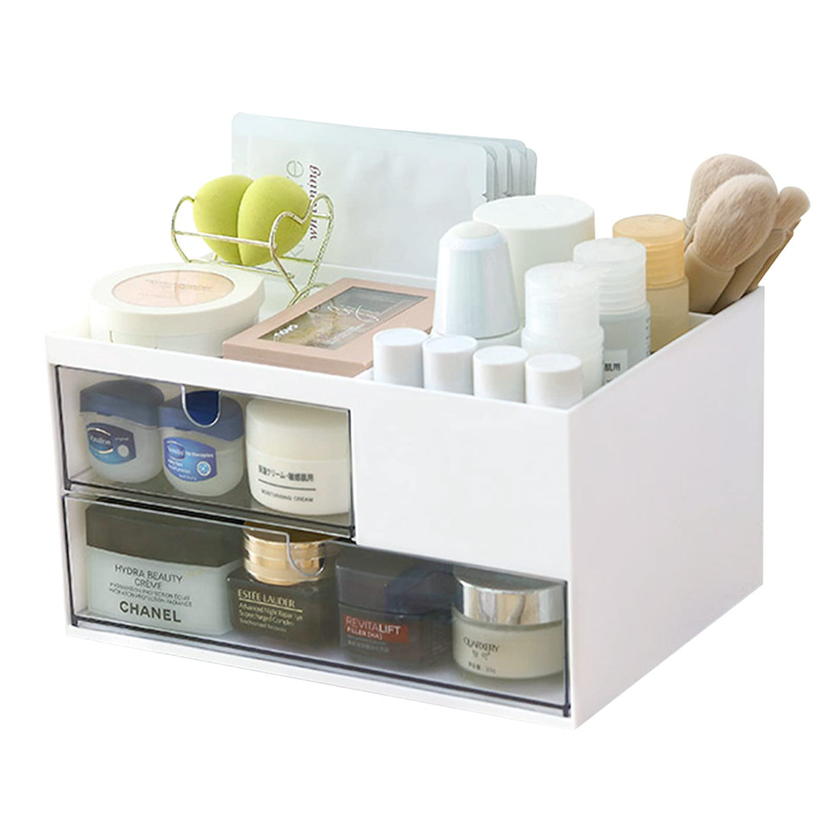 Milulugo White Makeup Organizer With 2 Drawers, 4 Compartments For Cosmetics And Jewelry Storage