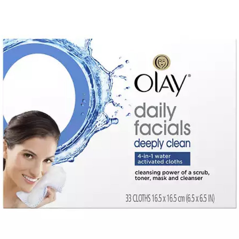 Olay 4-In-1 Cleansing Face Cloths, Water Activated, 33 Count (Pack Of 8), White