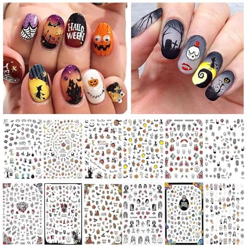 Kalolary 1500Pcs Halloween Nail Art Stickers - Witch, Pumpkin, Bat, Ghost & Skull Decals