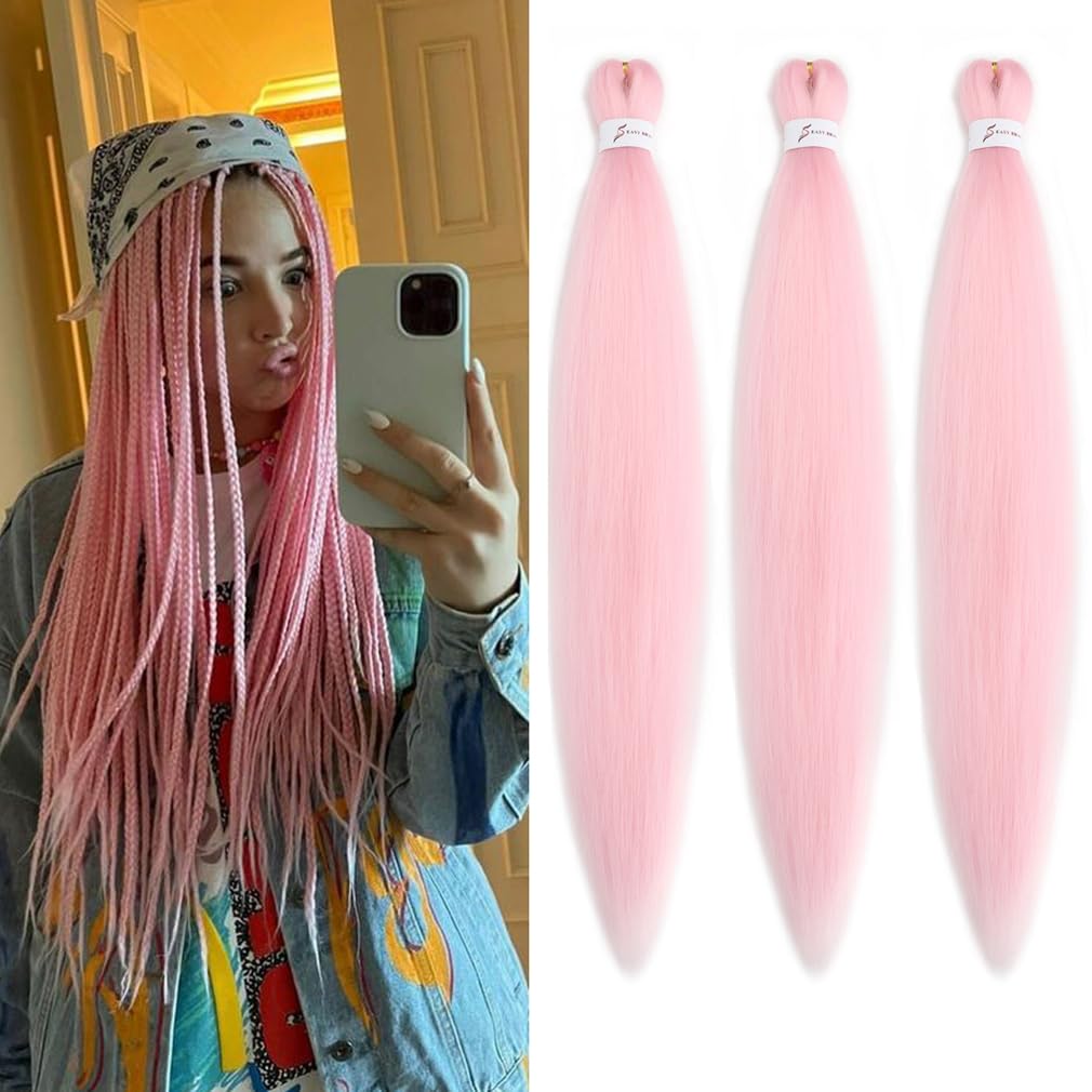 Yuccaha Pre Stretched 30&quot; Braiding Hair - 3 Packs Synthetic Crochet Twist - Lt Pink, Soft Yaki