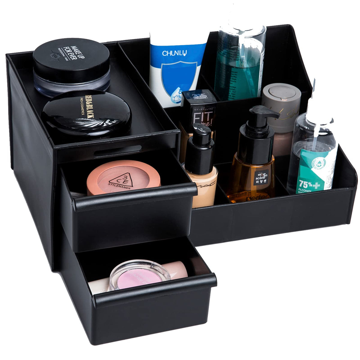 POFUOT Black Makeup Desk Organizer with Drawers, Vanity Brush Holder for Cosmetics & Jewelry