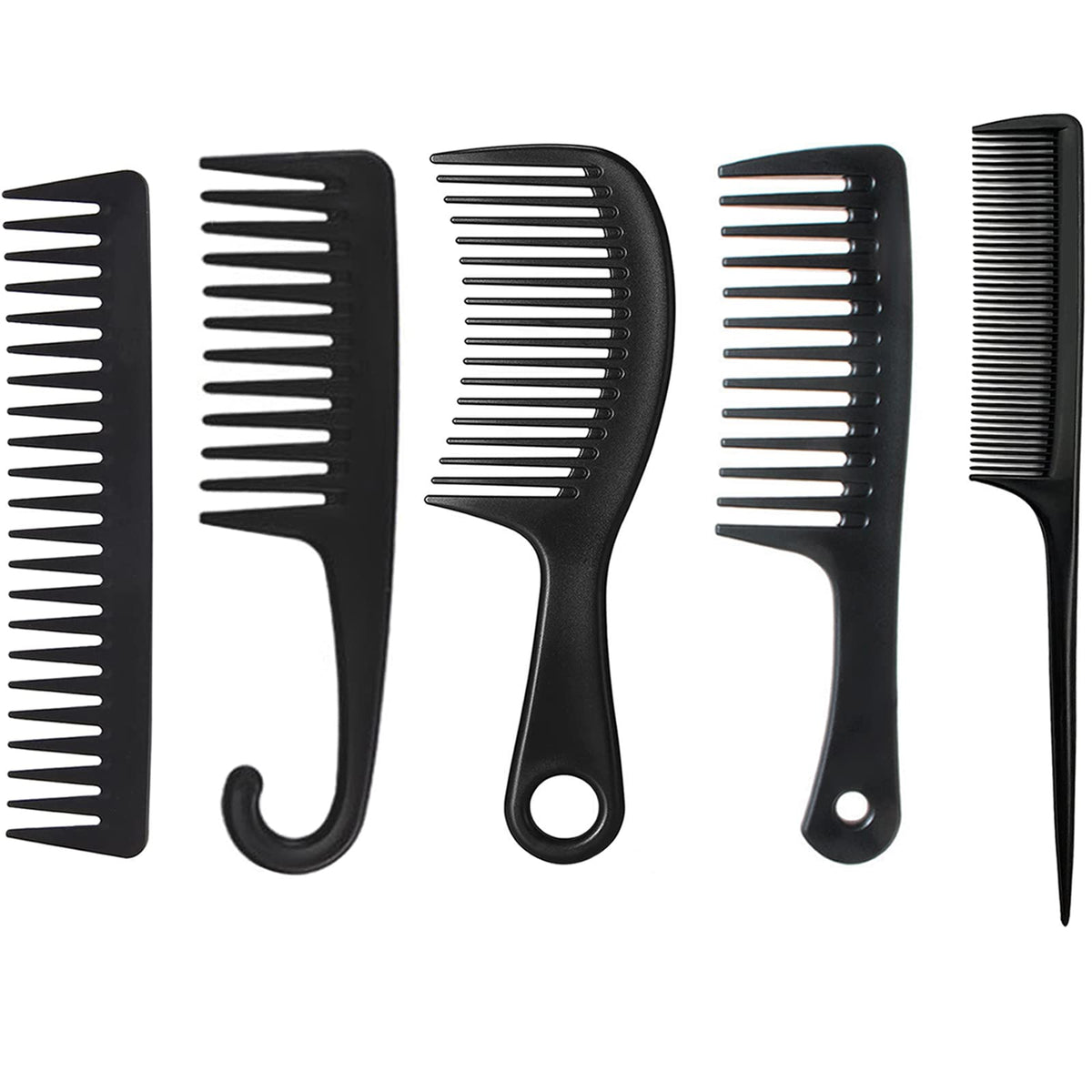 Xfquij 5 Pcs Hair Comb Set - Wide Tooth & Fine Tooth Rat Tail Combs For Styling, Black