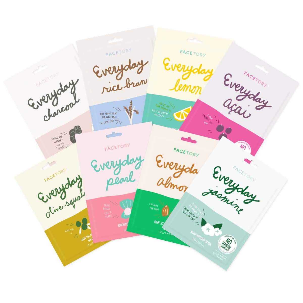 Facetory Everyday Hydrating Essence Korean Sheet Masks, 8 Pack, Revitalizing & Anti-Aging