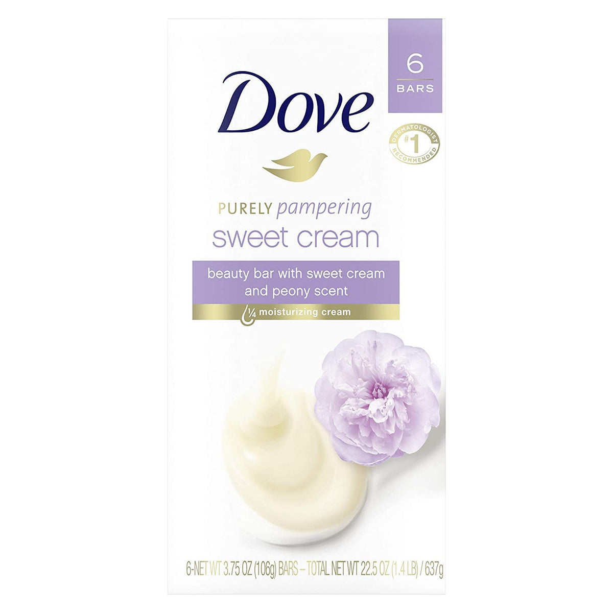 Dove Purely Pampering Beauty Bar, Sweet Cream & Peony, 4 Oz, 6 Bars, Pack Of 4