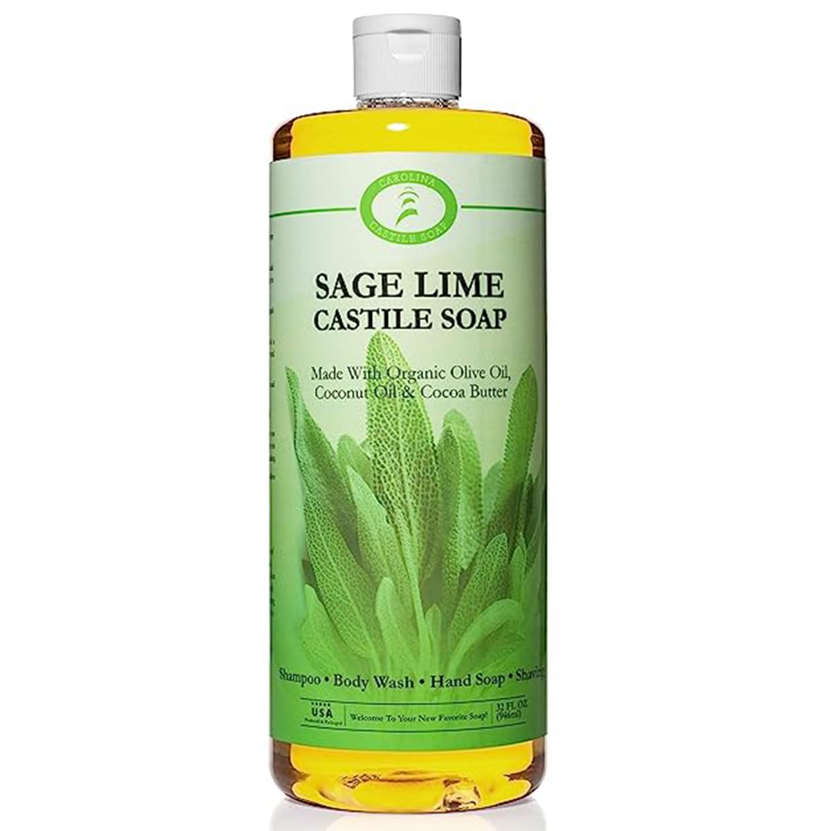 Carolina Castile Soap Sage Lime Liquid - Organic Vegan Body Wash, 5 Gallon, Skin-Softening Cleanser