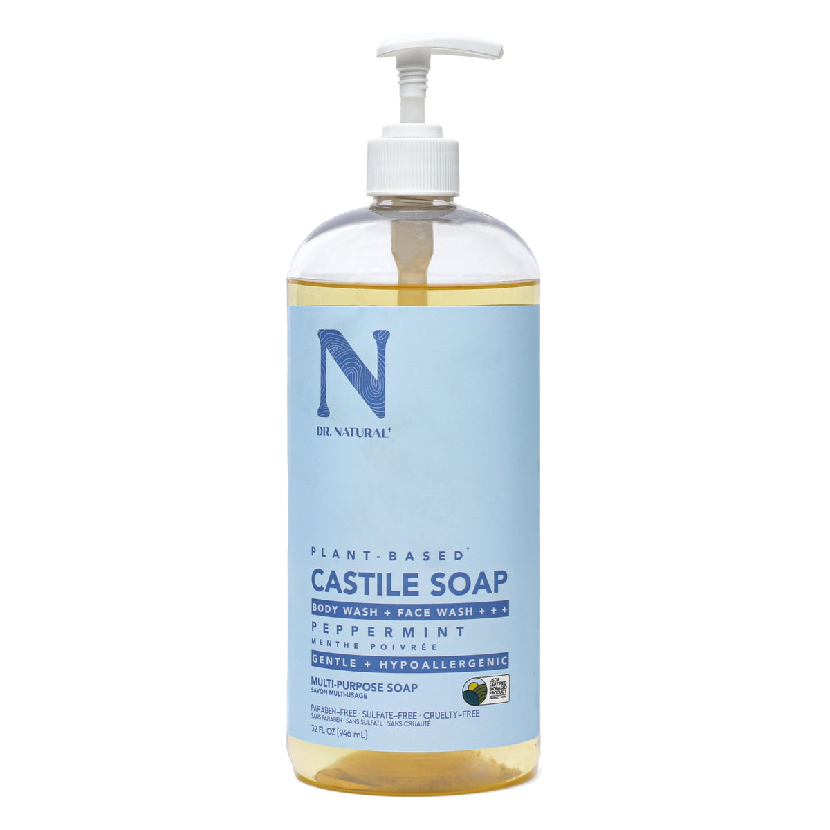 Dr. Natural Peppermint Castile Liquid Soap, 32 Oz - Plant-Based, Organic, Cruelty-Free