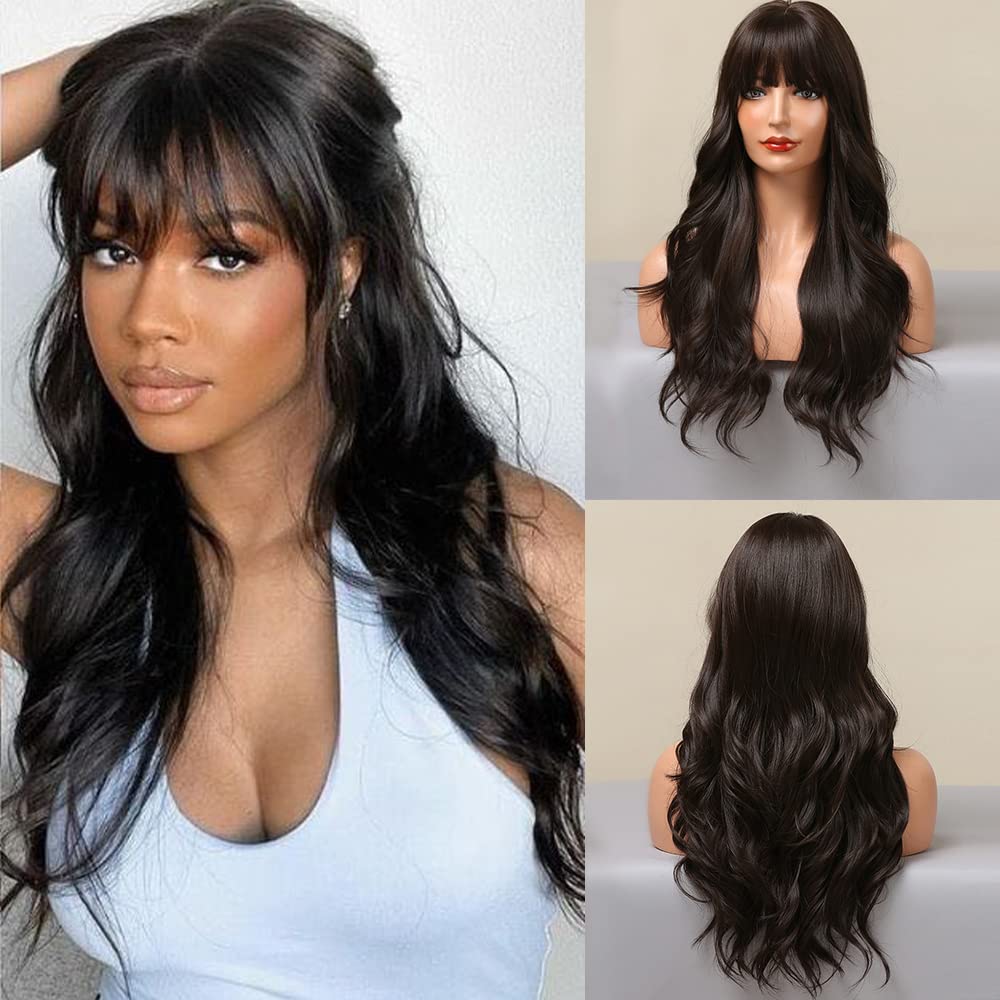 Emmor Dark Brown Long Curly Wig With Bangs - Water Wavy Synthetic Hair For Party & Daily Use