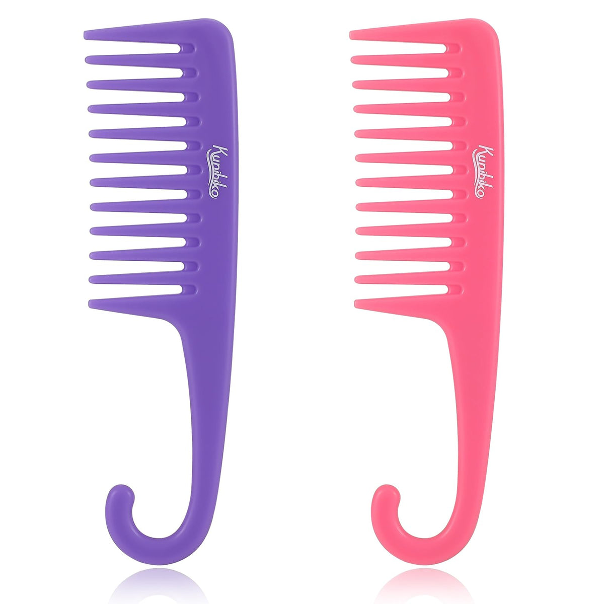 Kunihiko Wide Tooth Comb For Curly Hair - Shower Comb With Hook, Large Tooth, Purple & Pink