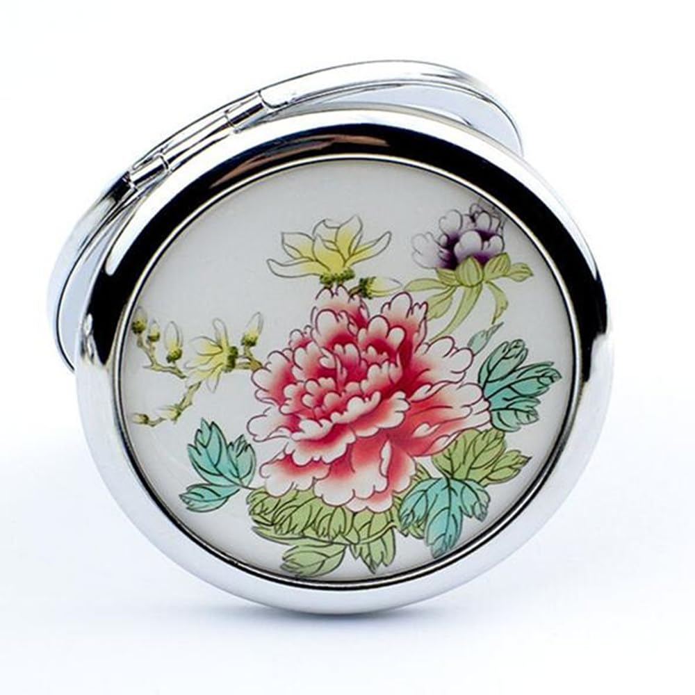 Mpowtech Peony Flower Compact Mirror - 1X/2X Magnification Travel Makeup Mirror, Handheld & Portable