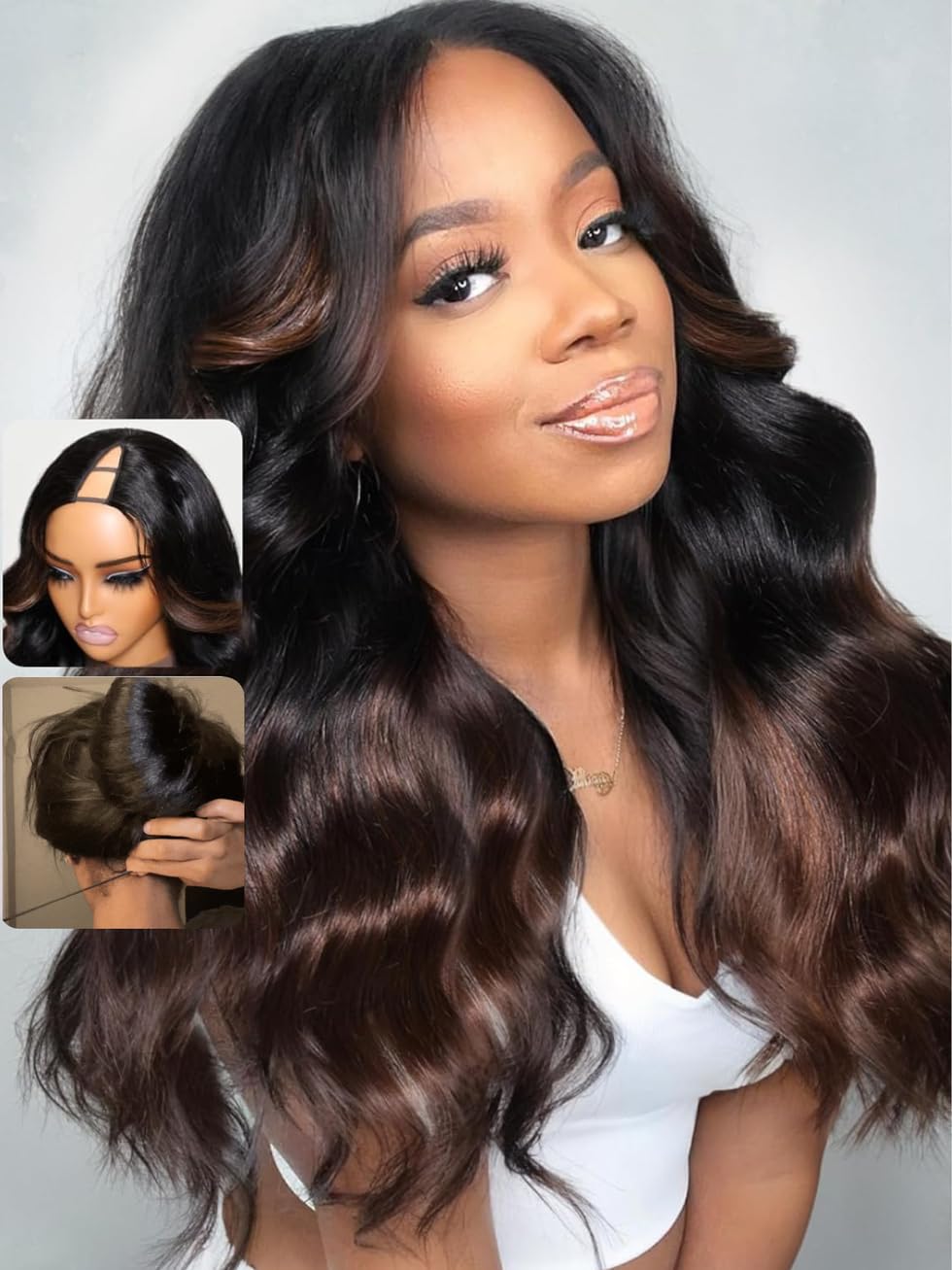 Unice 24&quot; V Part Body Wave Wig - Glueless Human Hair, Chestnut Brown Ombre, 150% Density