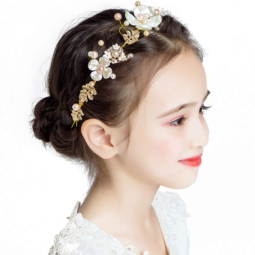 Prdgirl Floral Pearl Tiara Headband For Girls & Women - Wedding, First Communion, Bridal Accessories