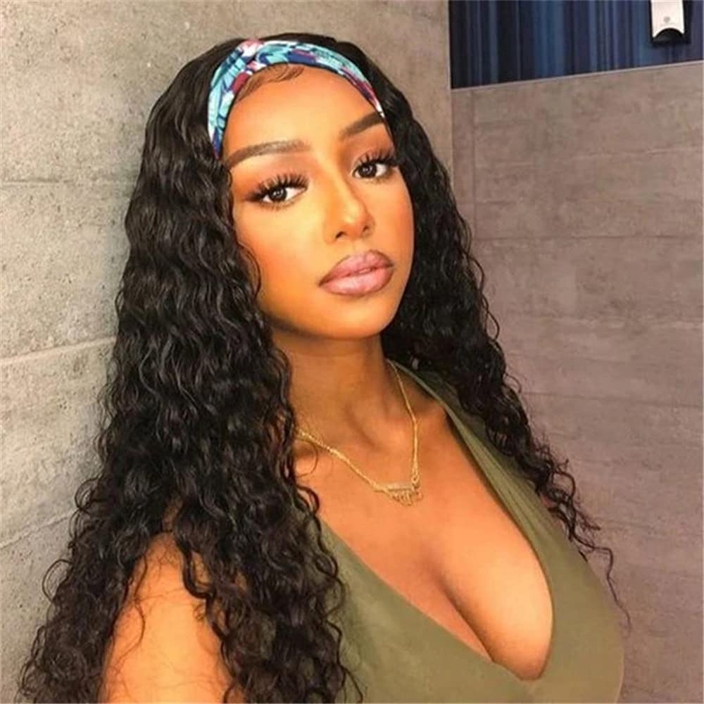 FASHION PLUS 28&quot; Water Wave Headband Wig - Human Hair, Curly, Glueless, 150% Density for Black Women