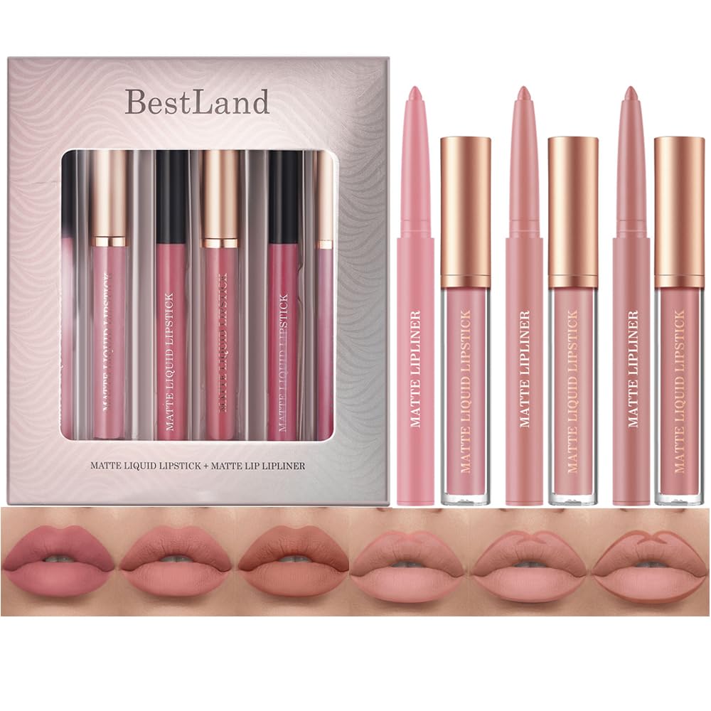 Bestland 6Pcs Matte Liquid Lipstick & Lip Liner Set - Waterproof, Long Wear, Graceful Nudes