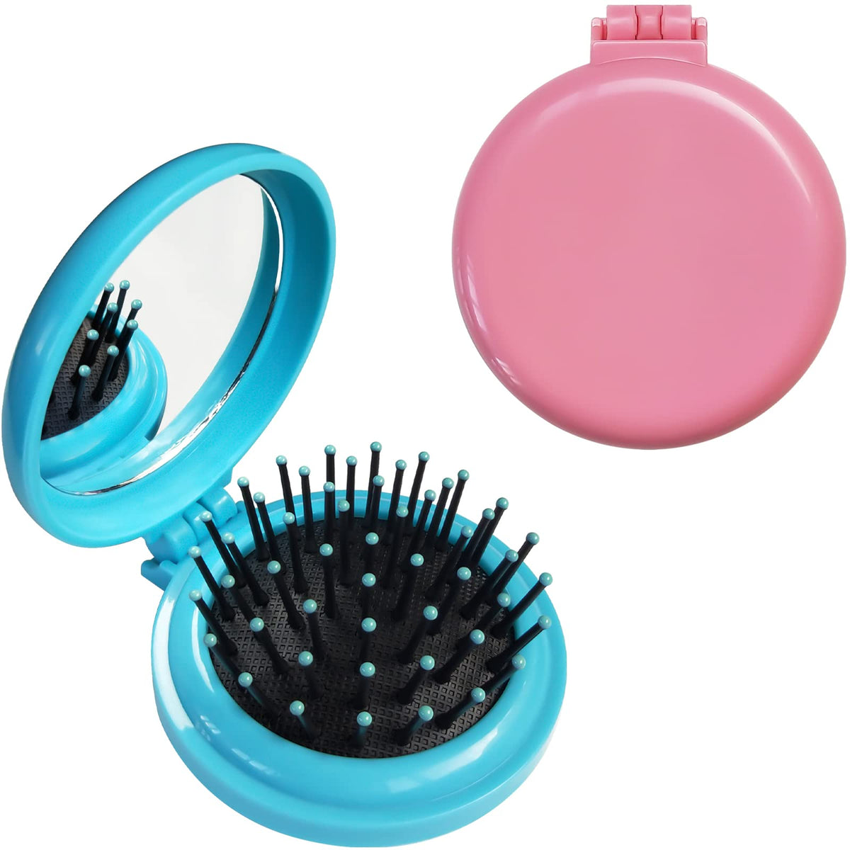 Sportmore Folding Hair Brush With Mirror, Mini Compact Massage Comb For Women, Dark Blue/Pink