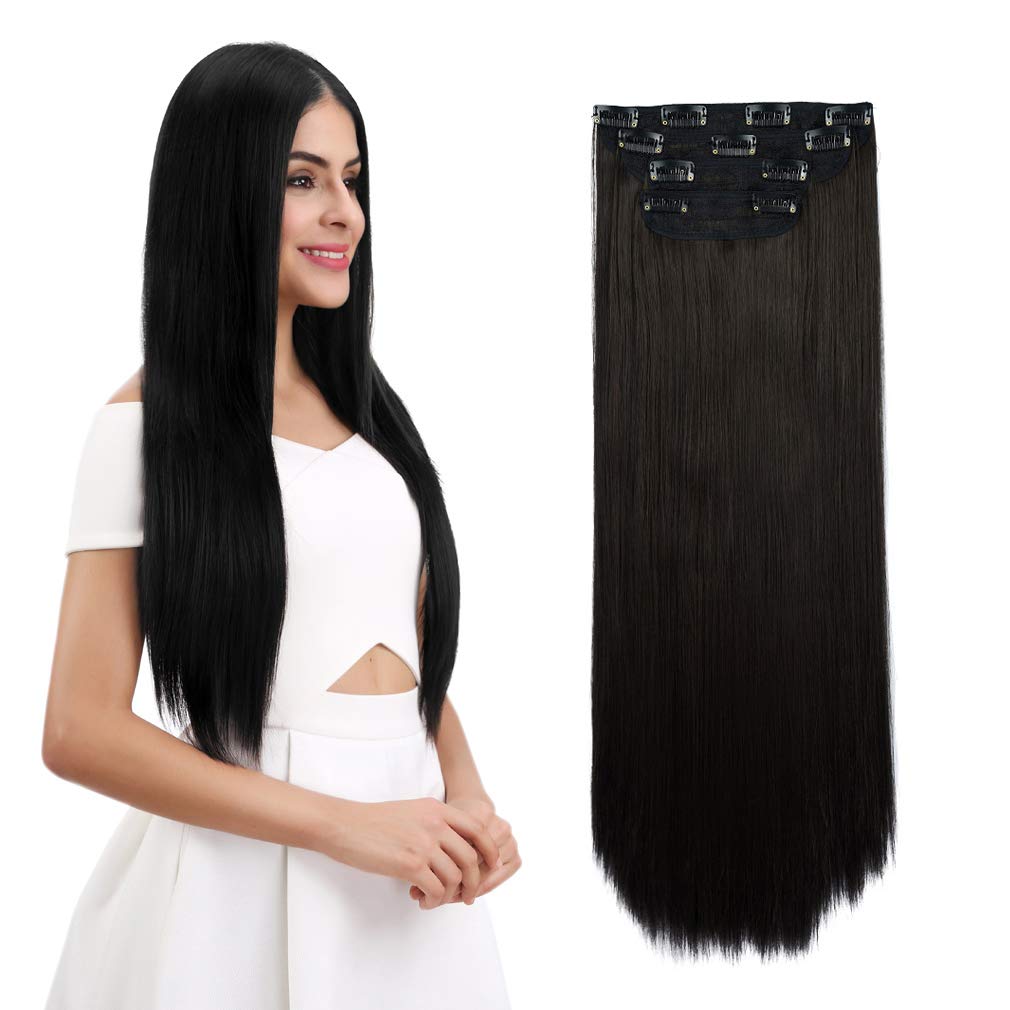 REECHO 26&quot; Clip-In Hair Extensions Set - Thick Synthetic Straight Black Brown - 300g (4 PCS)