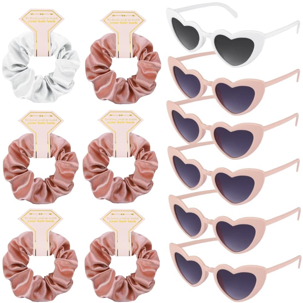 Loanzeg Satin Bridesmaid Scrunchies Set Of 6 - White & Rose Gold Hair Ties For Wedding Favors