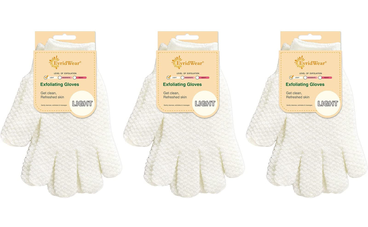 Evridwear Exfoliating Shower Gloves, 100% Nylon, 3 Pairs - Dead Skin Remover, Soft & Durable