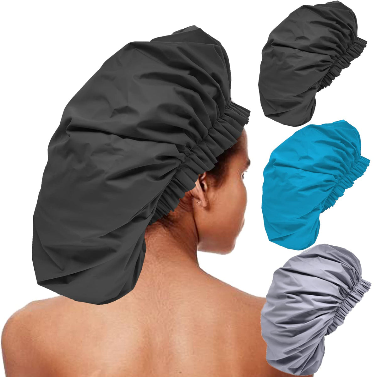 Elebox Oversized Shower Cap 3 Pack For Long Hair, Waterproof Reusable Bath Caps - Black, Blue, Gray