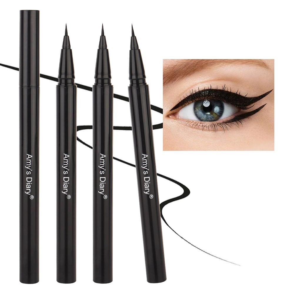 Amy'S Diary Waterproof Black Liquid Eyeliner Pen Set - Long Lasting, Smudge Proof, 3 Pcs