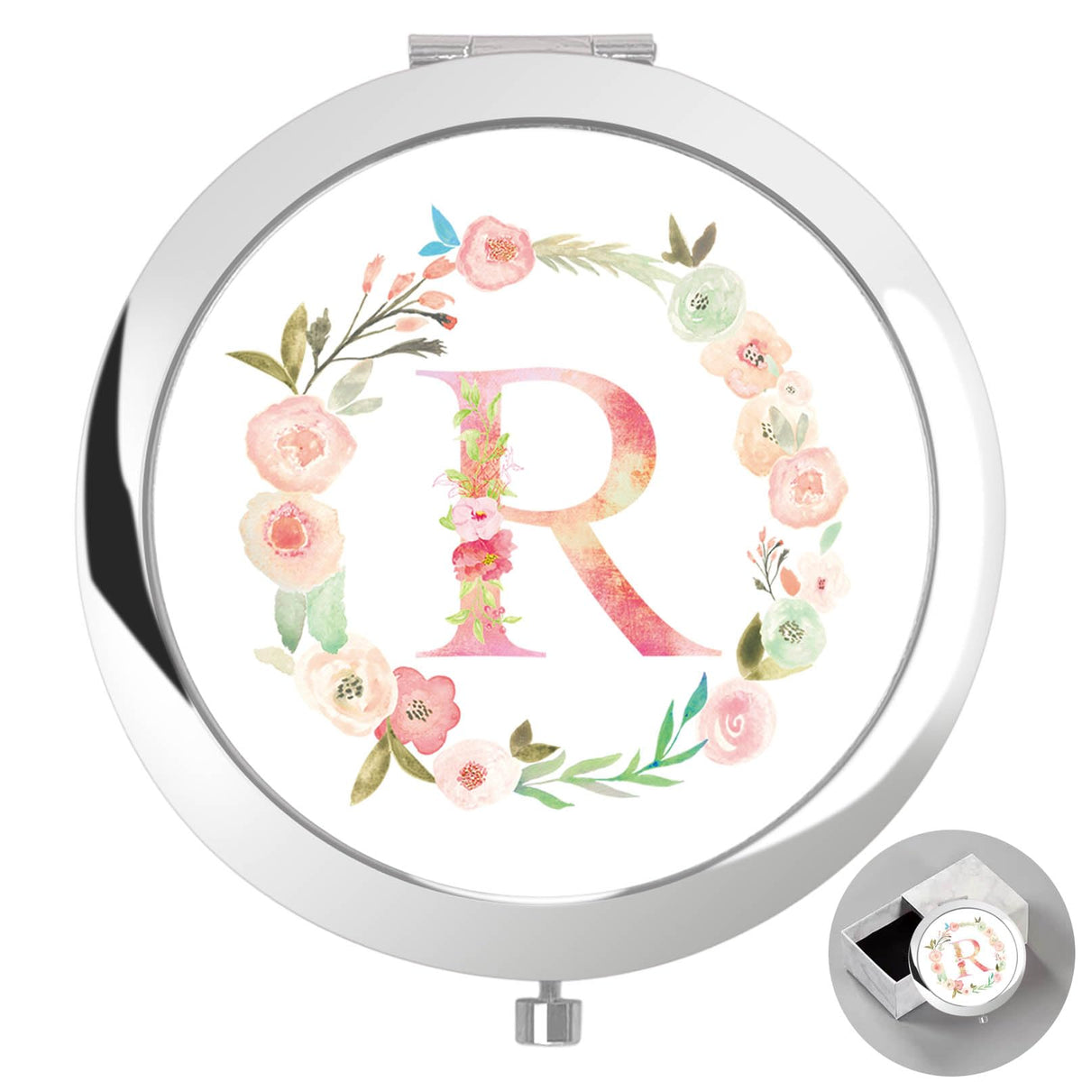 Boutikpro Personalized Compact Mirror With Box, Floral Monogram Silver Gift For Women, Mom, Sister