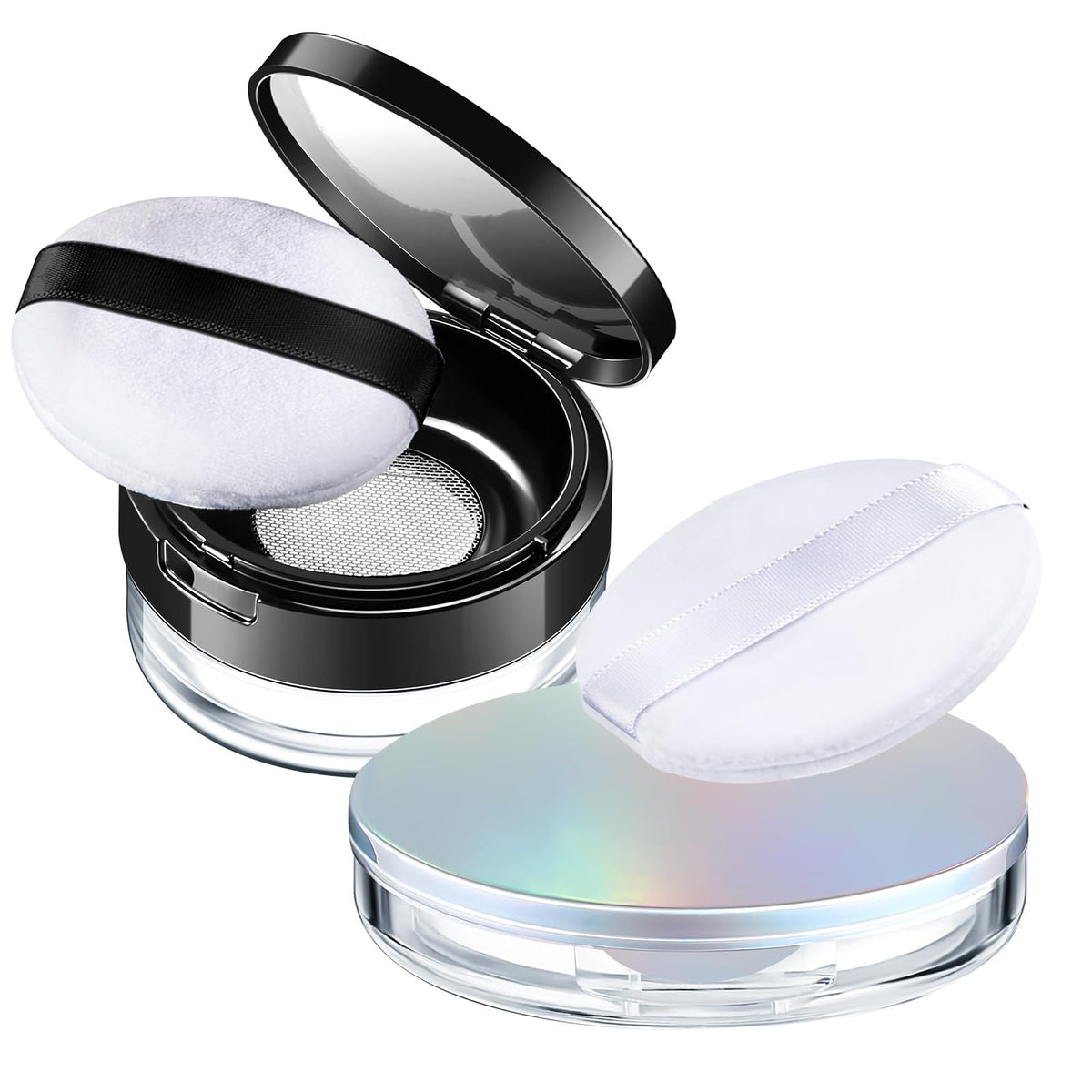 Cunhill 2 Pcs Loose Powder Container Set - Reusable Plastic Case With Puff & Mirror, Neon/Black