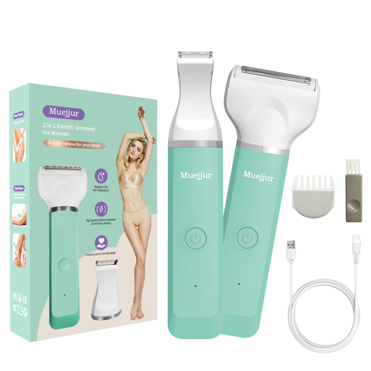 Muejjur 2-In-1 Electric Razor For Women, Waterproof Bikini Trimmer & Shaver, Aqua