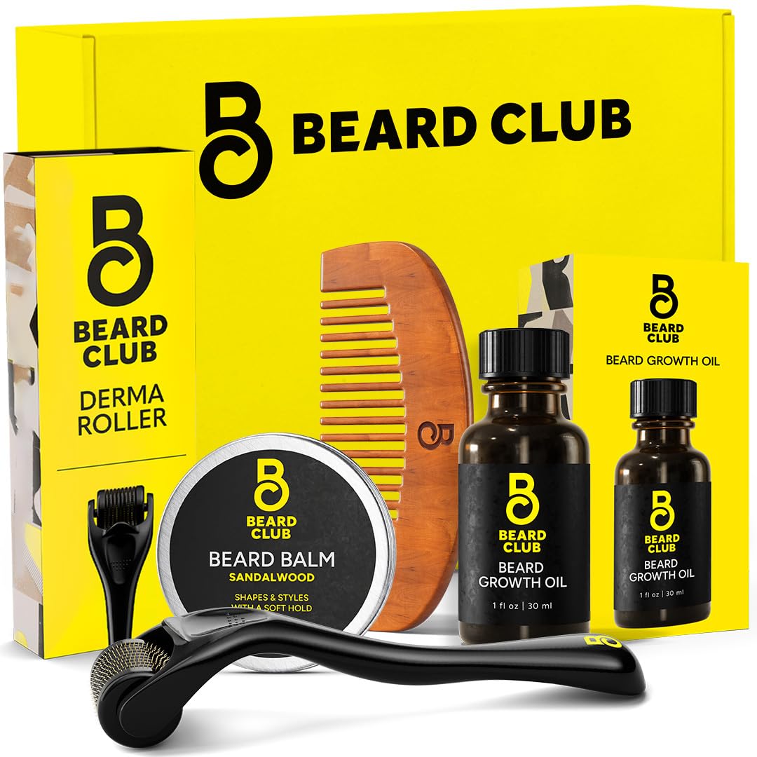 The Beard Club Beard Growth Kit - Derma Roller, Oil, Balm & Comb - Gift Set For Men