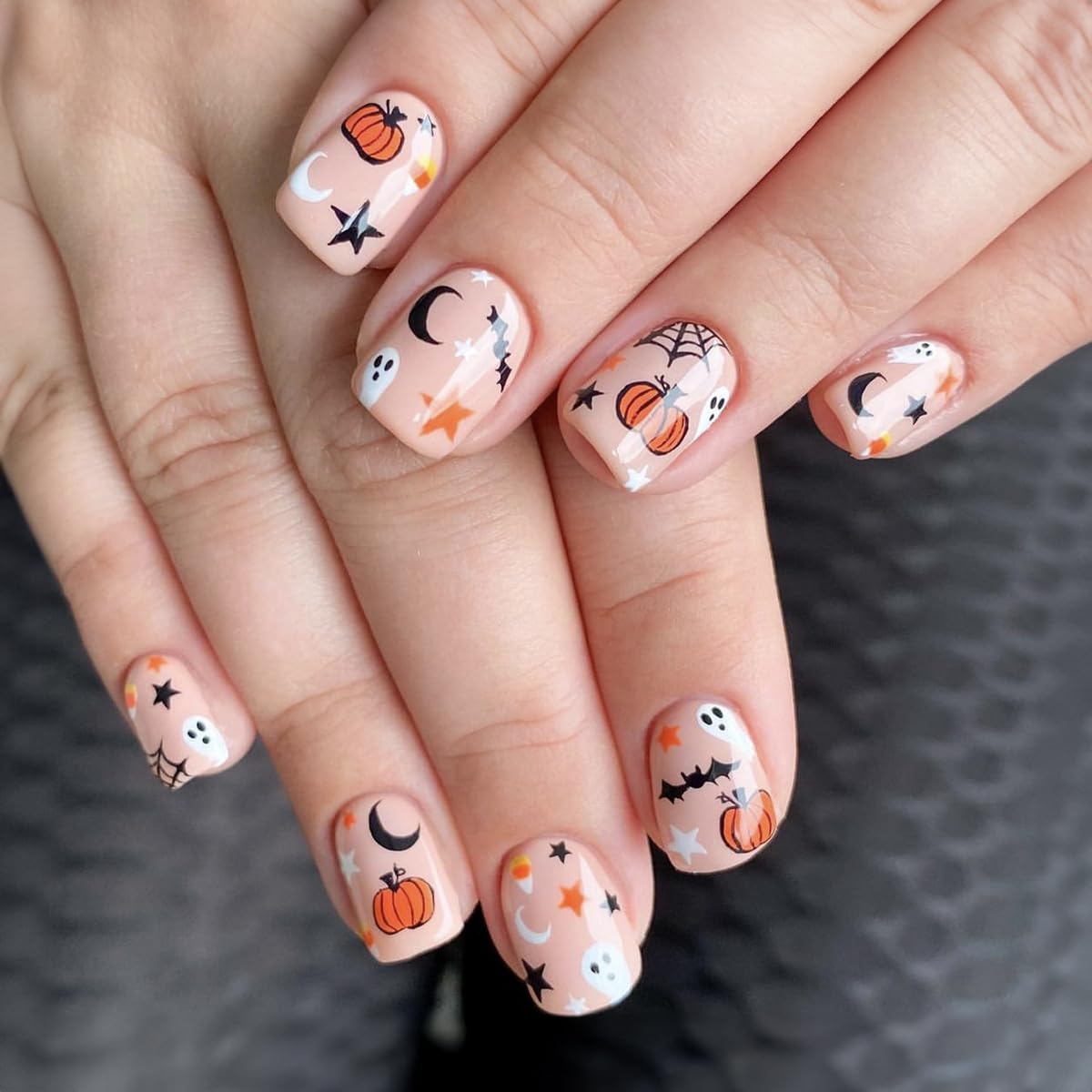 Fukidog Halloween Press On Nails - Short Square Ghost & Pumpkin Designs For Women & Girls