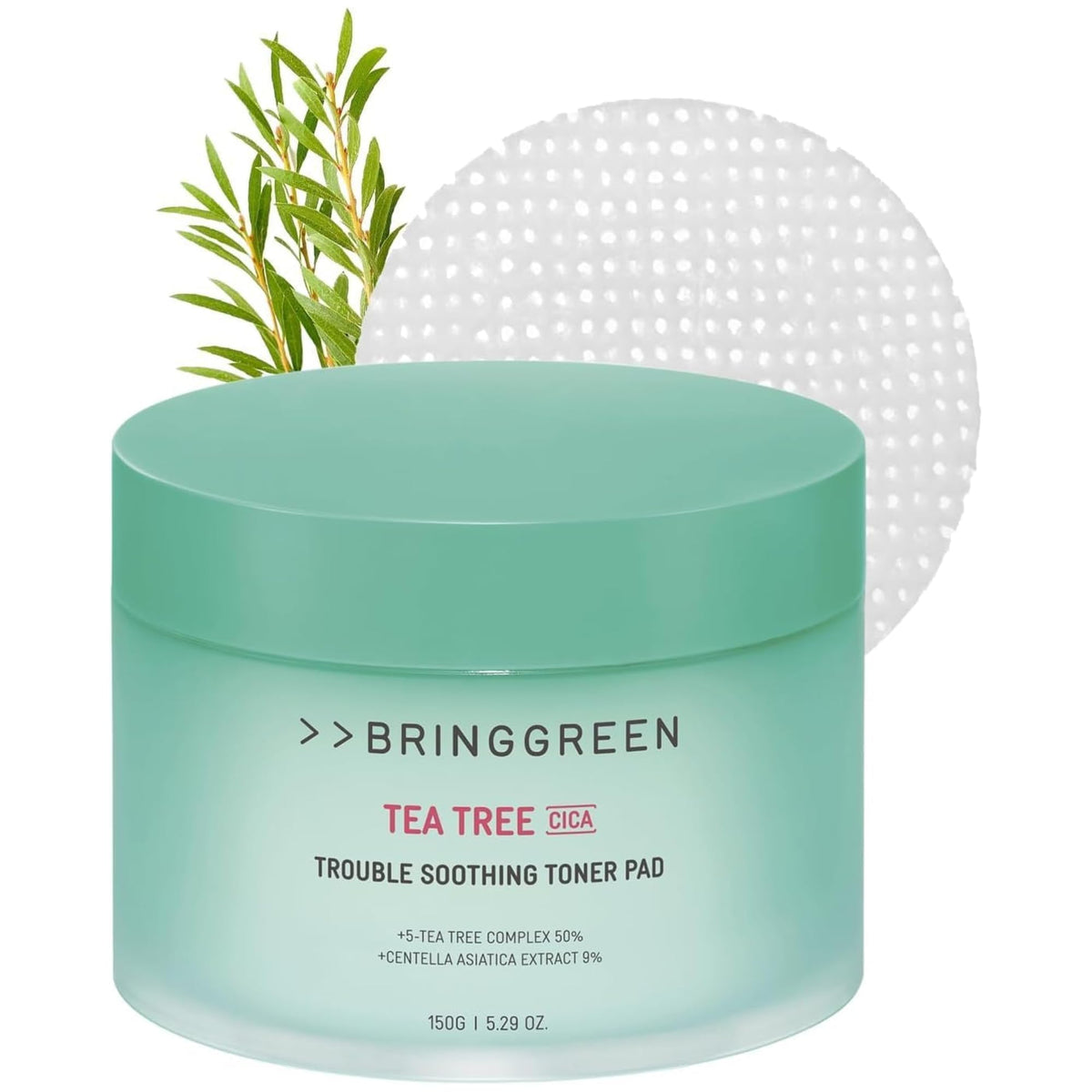 Bring Green Tea Tree Cica Soothing Toner Pads - Vegan, Hydrating, 90 Count, Korean Skincare