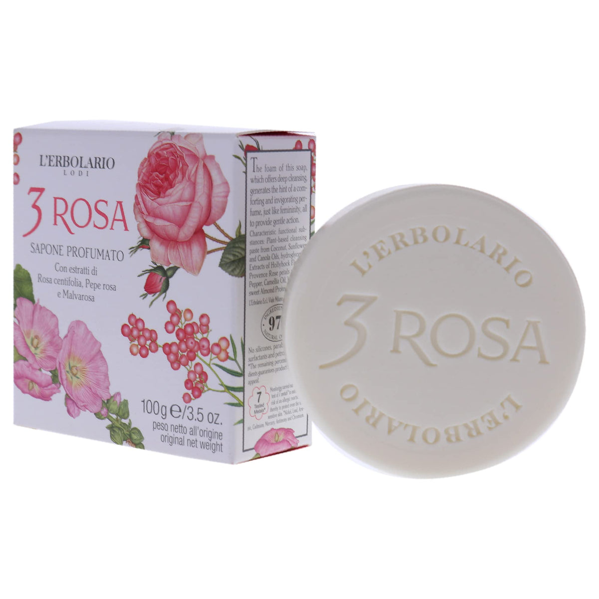 L'Erbolario 3 Rose Perfumed Bar Soap - Natural Ingredients, Moisturizing, 3.5 Oz