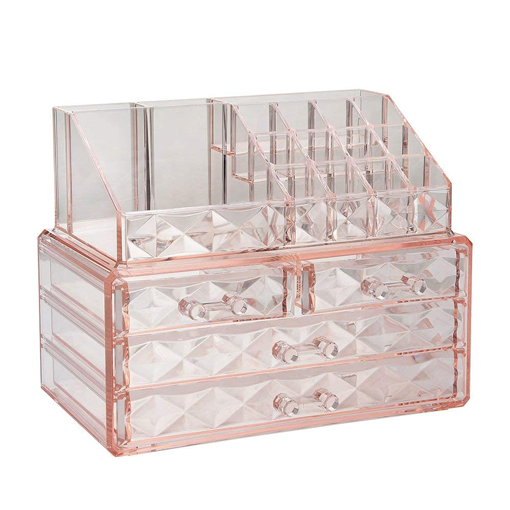 ZHIAI Pink Stackable Acrylic Cosmetic Organizer with Drawers for Vanity and Bathroom Storage