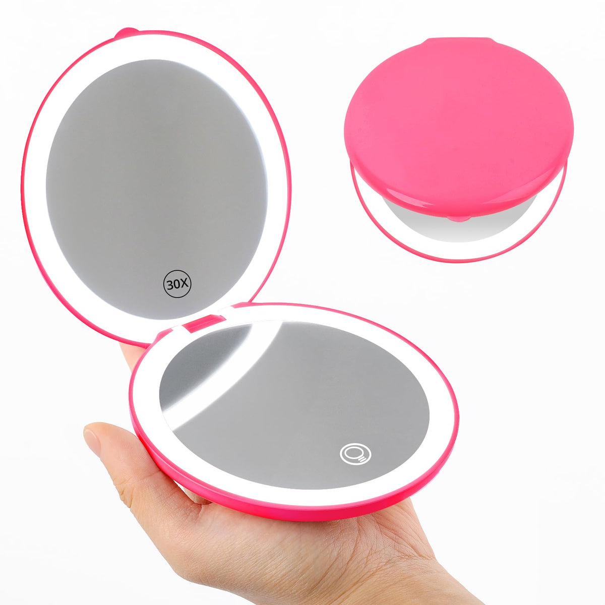 Fabuday 4.8'' Compact Travel Makeup Mirror - 1X/30X Lighted, Foldable, Berry Pink