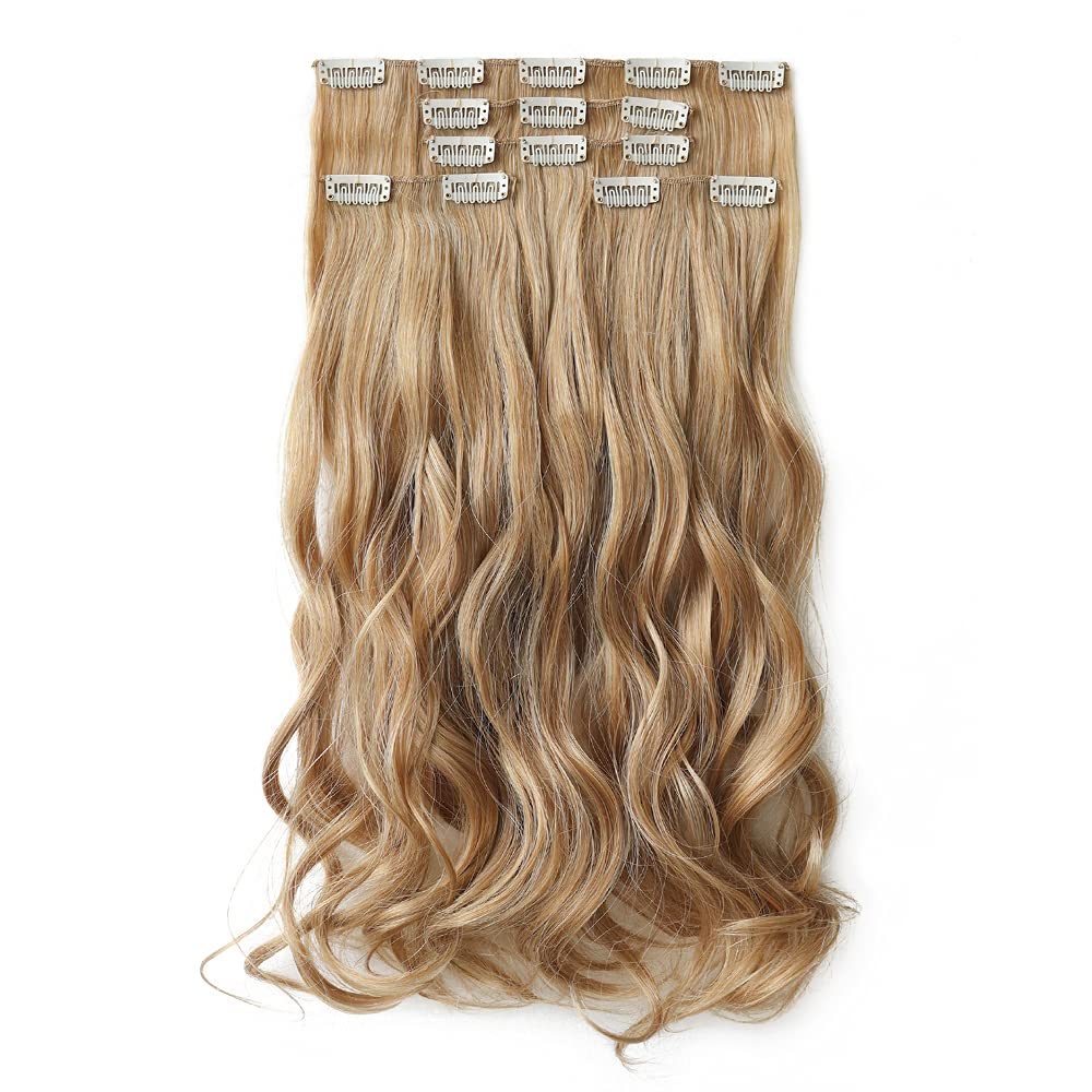 Hspjhtm 18&quot; Bleached Mix Blonde Wavy Clip-In Hair Extensions - 5Pcs Synthetic Hair For Women