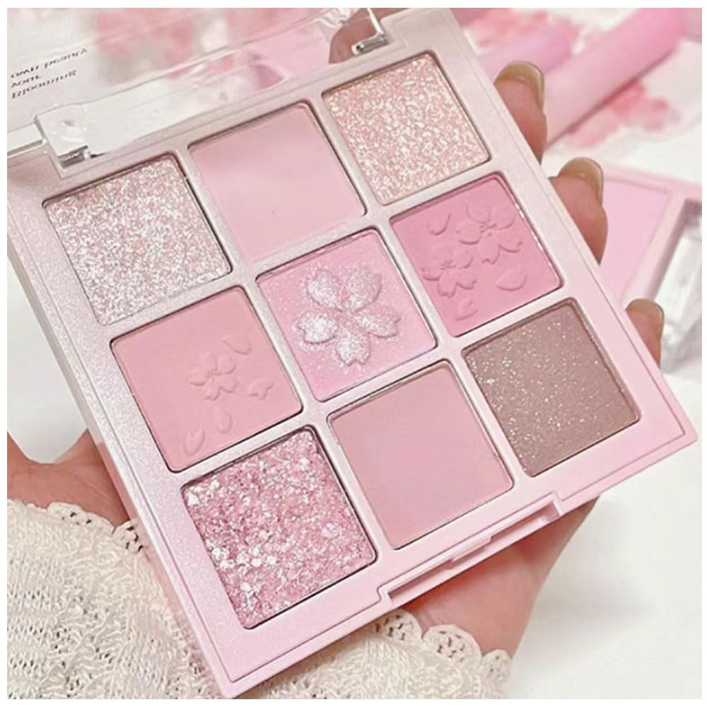 Cakaila 9 Colors Eyeshadow Palette - Light Pink Purple Matte Glitter Waterproof Makeup