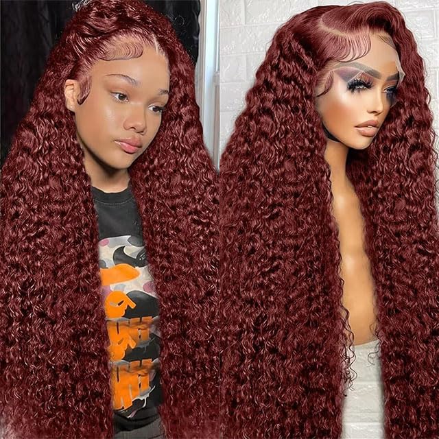 Htsly 34&quot; Reddish Brown Water Wave Lace Front Wig, Human Hair, Pre Plucked, Hd Frontal For Black