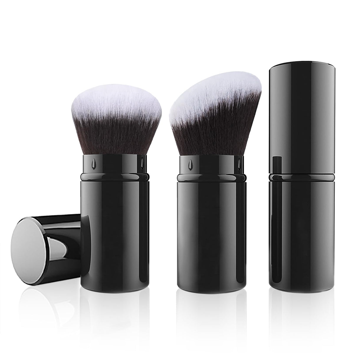 Falliny 2 Pack Retractable Makeup Brush - Travel Kabuki Blush & Powder Brush With Cover, Black