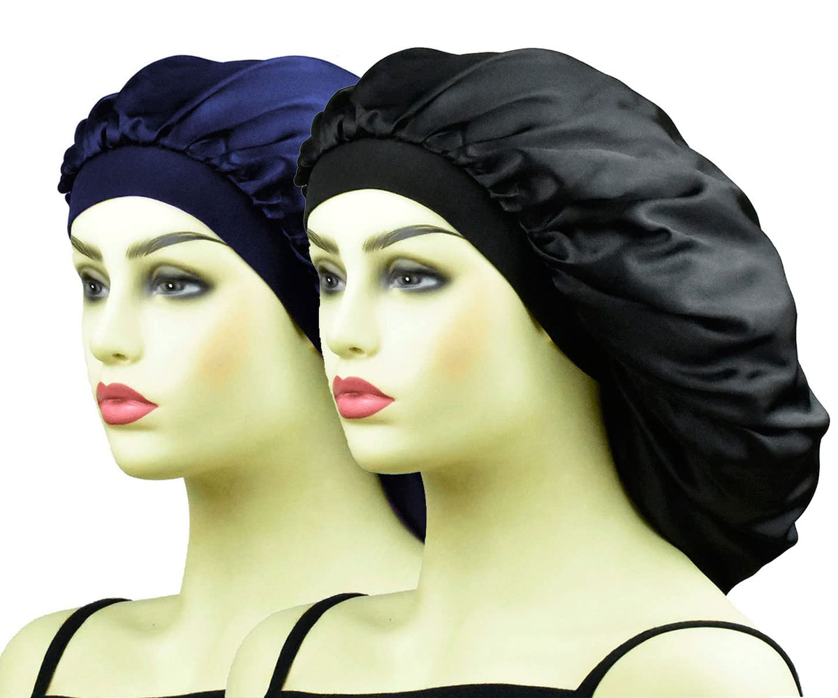 Cocosilk Xl Satin Bonnets For Braids - Black & Navy Blue Silk Sleeping Cap For Long Hair