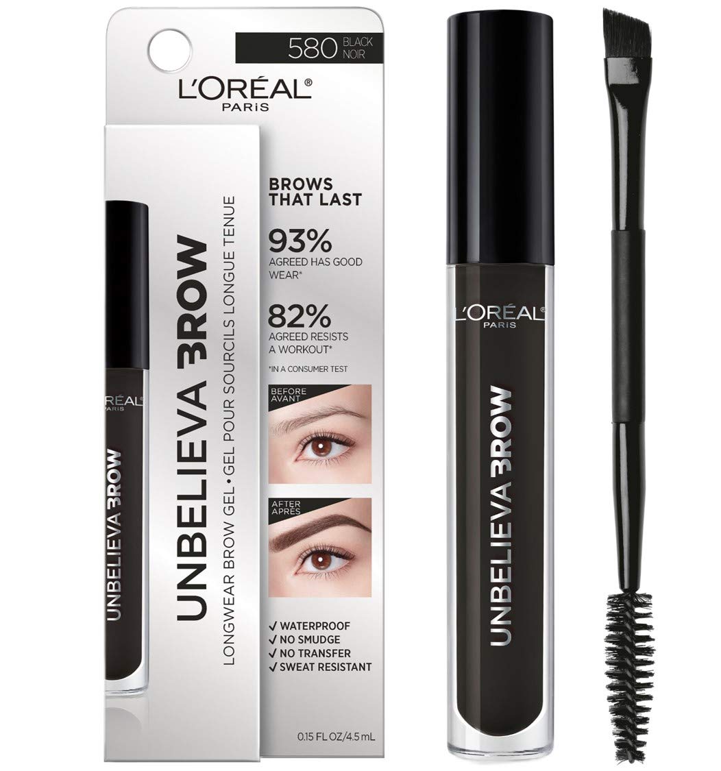 L'Oreal Paris Unbelieva-Brow Waterproof Tinted Brow Gel, Black, 0.15 Fl Oz, Smudge-Proof