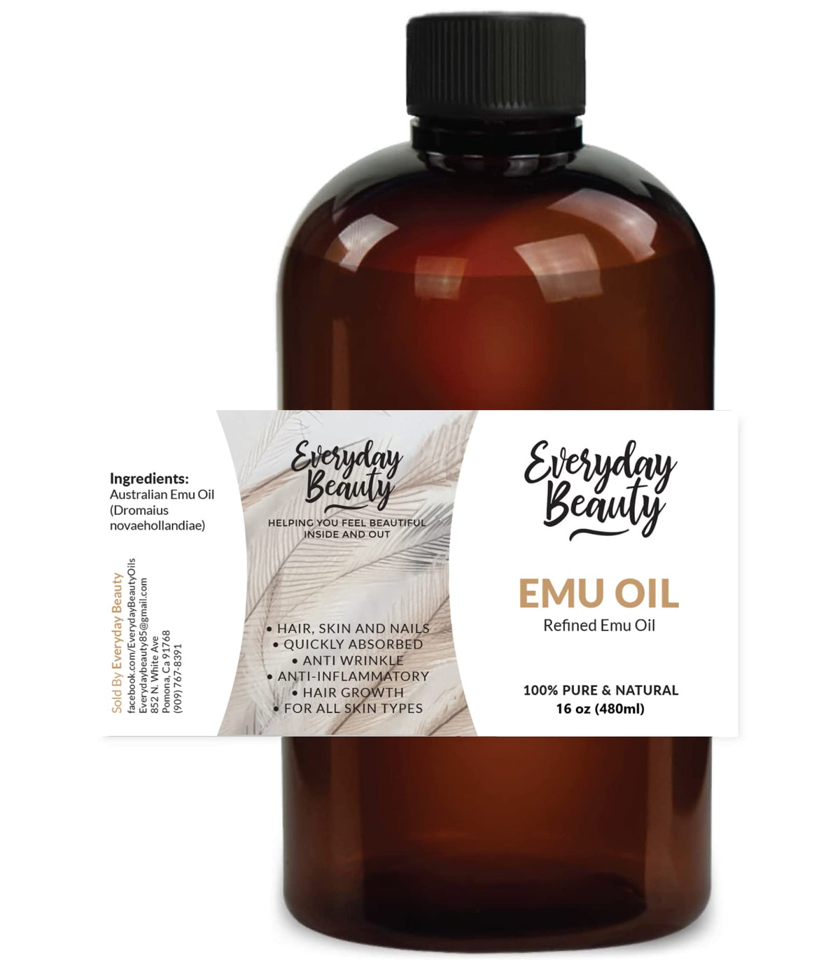 Everyday Beauty Emu Oil Bulk 16 Oz - Pure Australian Oil For Face, Skin & Hair Growth