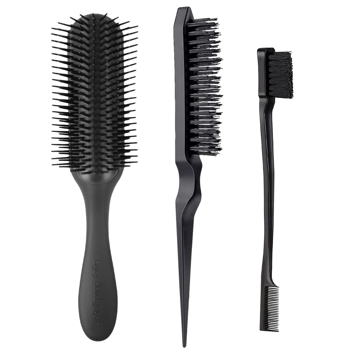 Enjoy Holiday 1981 Hair Brush Set for Curly Hair - 9 Row, Rattail, Edge Comb, Thick Hair Care