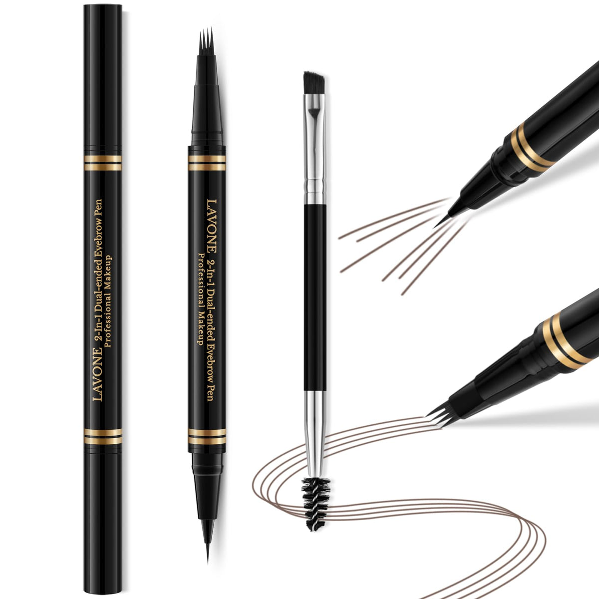 Lavone 2-In-1 Waterproof Eyebrow Pen & Pencil, Black Brown, Dual-Ended Brush, Natural Look