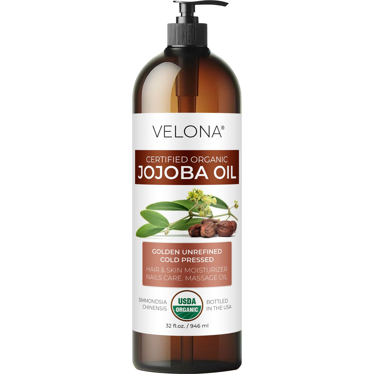 Velona Jojoba Oil 32 Fl Oz - Usda Organic, 100% Pure, Cold Pressed, Hexane Free, Golden