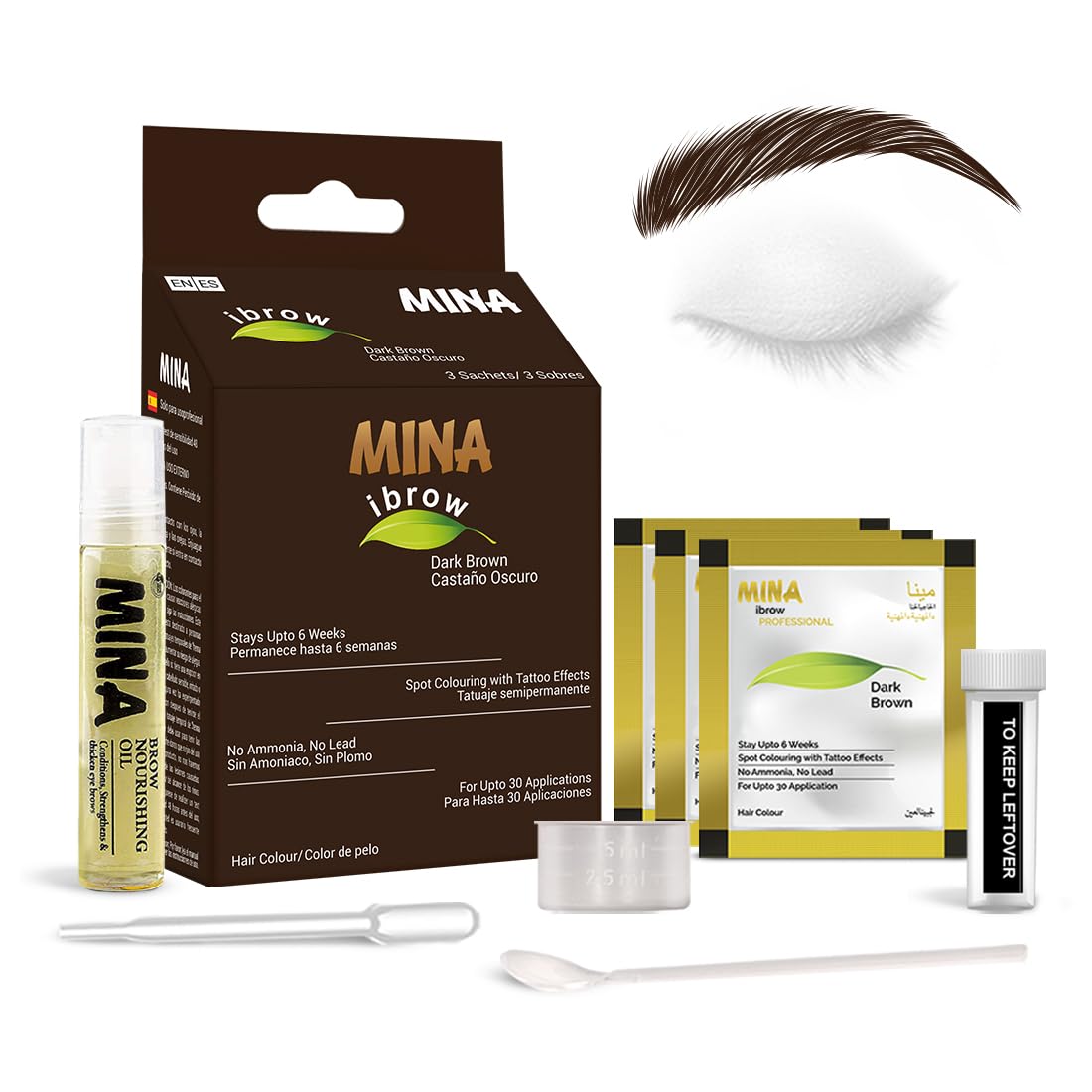 Minaibrow Dark Brown Brow Tinting Kit - Natural Powder, Nourishing Oil, Water & Smudge Proof